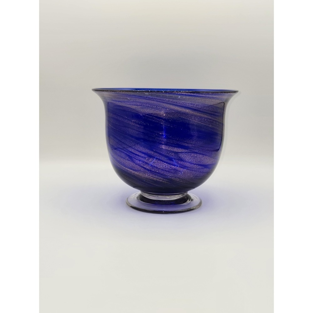 Cobalt Blue Art Glass Pedestal Vase Aventurine Swirl Hand Blown‎ Bowl Form